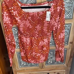 Children place Smocked Square Neck Floral Long-Sleeve Top - Rust/Pink